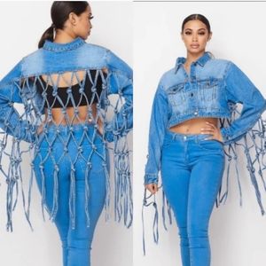 Fashion Nova Crop Faded Denim Jacket Loose Fringe Tassel Grid Back